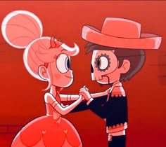 an animated image of a man and woman dressed in red, dancing with each other