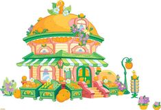 an illustration of a house with flowers and plants on the roof