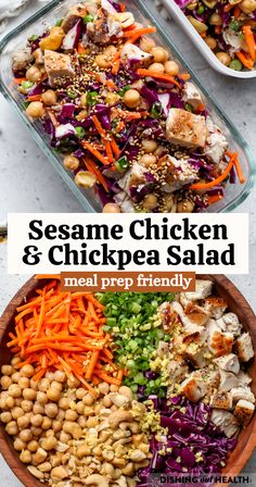 a salad with chicken and chickpea is shown in two separate bowls, one has carrots, the other has broccoli