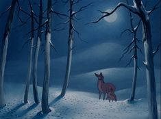 a painting of two deer in the snow at night with trees and moon behind them