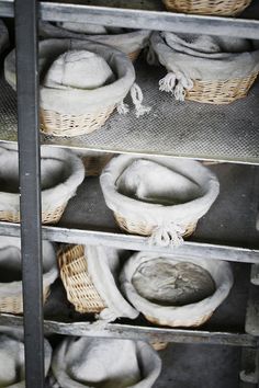 several baskets are stacked on top of each other