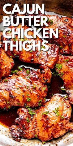 chicken thighs with sauce and parsley in a skillet text reads cajun butter chicken thighs