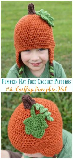 the pumpkin hat is crocheted and has leaves on it