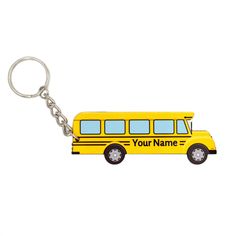 a yellow school bus keychain with the words your name on it's side