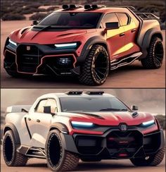 two pictures of the same vehicle in different colors and sizes, each with an interesting design