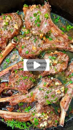 some lamb chops are cooking in a skillet