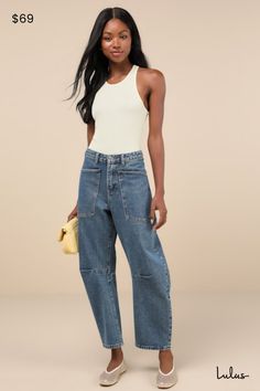 We can't get enough of the utility-chic vibes the Steve Madden Haniel Medium Wash High-Rise Barrel Jeans are bringing! Sturdy denim shapes these on-trend jeans that have a high waist, belt loops, and a hidden zip fly with top button closure. Large, cargo-style patch pockets provide plenty of storage, along with two more pockets at the back. Legs have a barrel-style silhouette with darted knees and ankle-length hems. Fit: This garment fits true to size. Length: Ankle length. Size medium Inseam: 27.00 Front Rise: 11.50 Waist: Fitted - very fitted at natural waist. Hip: Loosely Fitted. Fabric: Fabric has no stretch. Unlined. 93% Cotton, 6% Rayon, 1% Other Fiber. Machine Wash Cold With Like Colors. Only Non-Chlorine Bleach When Needed. Tumble Dry Low. Use Warm Iron If Necessary. Imported. Lulu Trend Jeans, Barrel Jeans, Chic Vibes, Big Pockets, Jean Trends, Cargo Style, White Denim, Waist Belt, Ankle Length