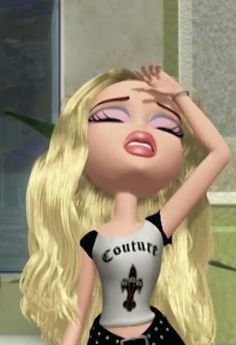 a cartoon girl with blonde hair and black pants is holding her hands up to her head