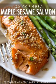 salmon and asparagus on a white plate with text overlay that reads quick and easy maple sesame salmon