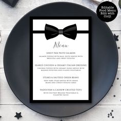 a black and white menu with a bow tie on it