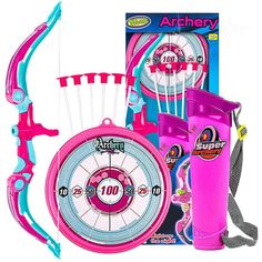 the toy archery set is pink and blue