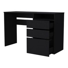 a black desk with three drawers and one drawer on the bottom, in front of a white background