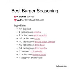 the best burger seasoning list is shown in red and black text on a white background