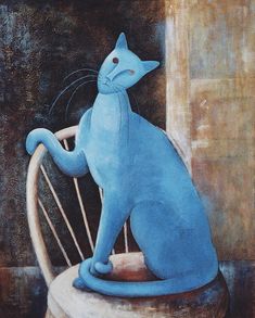 a painting of a blue cat sitting on top of a chair