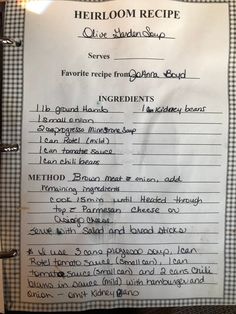 a recipe book with writing on it