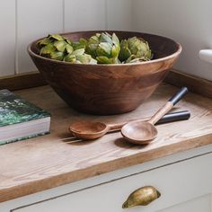 Amari Long Salad Servers, Natural Wooden Salad Dishes, Big Salad, Wood Colour, Coffee Table Desk, Grey Dining, Rustic Farmhouse Style, Wooden Bowl, Dining Accessories, Farmhouse Chic