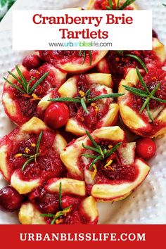 cranberry brie tartles on a white plate with text overlay