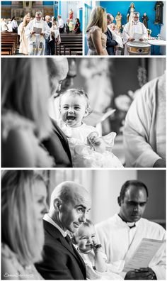 the wedding ceremony is taking place in black and white photos, while people are seated at tables