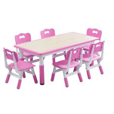 a wooden table with pink chairs and a white board on the top, in front of a white background