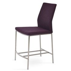 an upholstered bar stool with a purple fabric seat and metal frame, viewed from the front