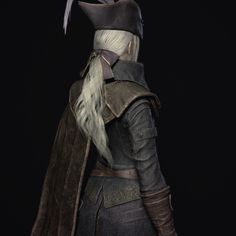 a woman with long white hair wearing a leather outfit and hat, standing in front of a black background