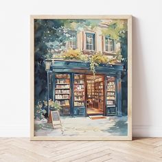 a watercolor painting of a book store with bookshelves and flowers on the front