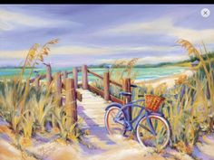 a painting of a bike parked on the beach next to a boardwalk with sea oats