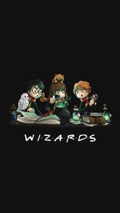 three people sitting on top of an open book with the words wizard's written below them