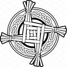 the celtic cross with two crosses on it is drawn in black and white, as well as