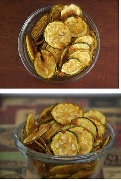 there are two pictures of food in the bowl and one has zucchini chips