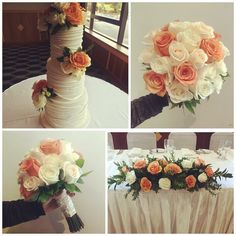 four different pictures of a wedding cake and flowers