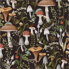 a black background with lots of mushrooms and plants