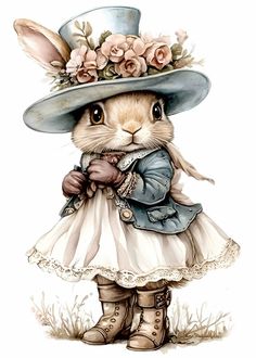 a painting of a rabbit wearing a dress and hat