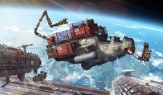 an artist's rendering of a space station floating in the air with cargo on its back