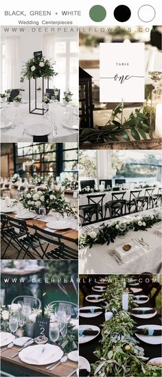 a collage of black, green and white wedding tables