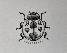 a black and white drawing of a ladybug with hearts on it's back