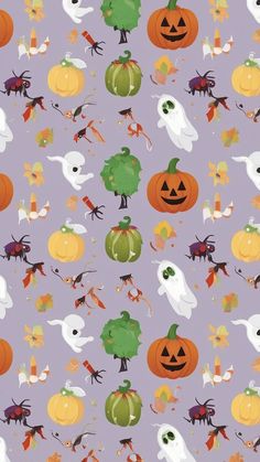 a purple background with lots of halloween pumpkins and ghost