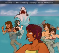 an animated image of some people in the water with a shark on their back and one person holding a surfboard