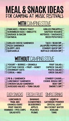 a colorful poster with the words, meal and snack ideas for camping at music festivals