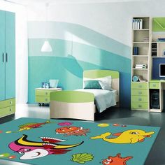 a child's bedroom decorated in blue and green colors with cartoon animals on the rug