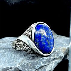 Silver Blue Lapis Lazuli Ring, Natural Lapis Ring , Men Handmade Ring , Engraved Men Ring, 925k Sterling Silver Ring , Gift For Him ★Item Details * Gender : Male / Female * Material : 925K Sterling Silver * Total weight :  15 Grams * Gemstone :  Lapis Lazuli Stone ✔ Ready to Ship in 1-2 Business Days .. ✔ Shipped to the Worldwide 1-5 business days with free shipping... ✔ The product will be sent to you with a handmade wooden box to avoid any damage during shipping... ✔ Visit our store, browse ot Spiritual Blue Engraved Ring, Blue Sterling Silver Engraved Signet Ring, Blue Engraved Sterling Silver Rings, Engraved Blue Sterling Silver Rings, Handmade Wooden Boxes, Lapis Ring, Lapis Lazuli Ring, Blue Lapis Lazuli, Ring Men