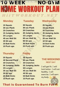 the 10 week no - gym home workout plan is shown in red and white with an orange