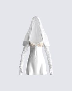 Draped in perfection - this two-piece set features a white gauze hooded shrug, and a white mini dress 🤍 Step into the room knowing they are all going to want to wife you up 😛 Optical Illusion Dress, White Corset Dress, Strapless Ruffle Dress, Tight Dress Outfit, Fairy Clothes, Illusion Dress, Stage Outfits, Kpop Outfits, White Mini Dress