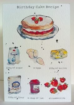 a birthday cake recipe is displayed on a card