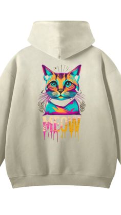 a white hoodie with an image of a cat on the front and words that say welcome