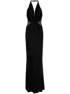 black textured finish halterneck knot detailing semi-sheer panels open back long length straight hem rear hook and eye fastening Fbi Outfit, Ysl Dress, Uzun Boy, Rich Auntie, Sheer Maxi Dress, Teen Outfits, City Dress, Van Cleef Arpels, Lady Dior