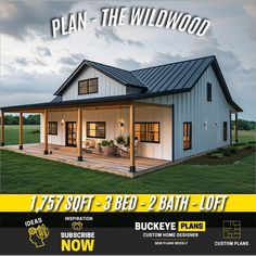 an advertisement for a new home built in the wildwood, with a porch and covered patio