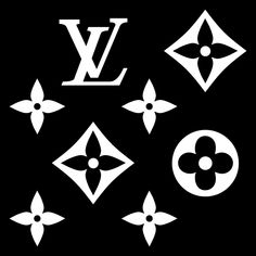 the louis vuitton logo is shown in white on a black background with other symbols