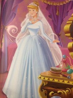 a painting of a princess in her wedding dress and tiara standing next to a table