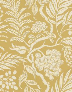 a yellow and white wallpaper with flowers, leaves and berries on it's side